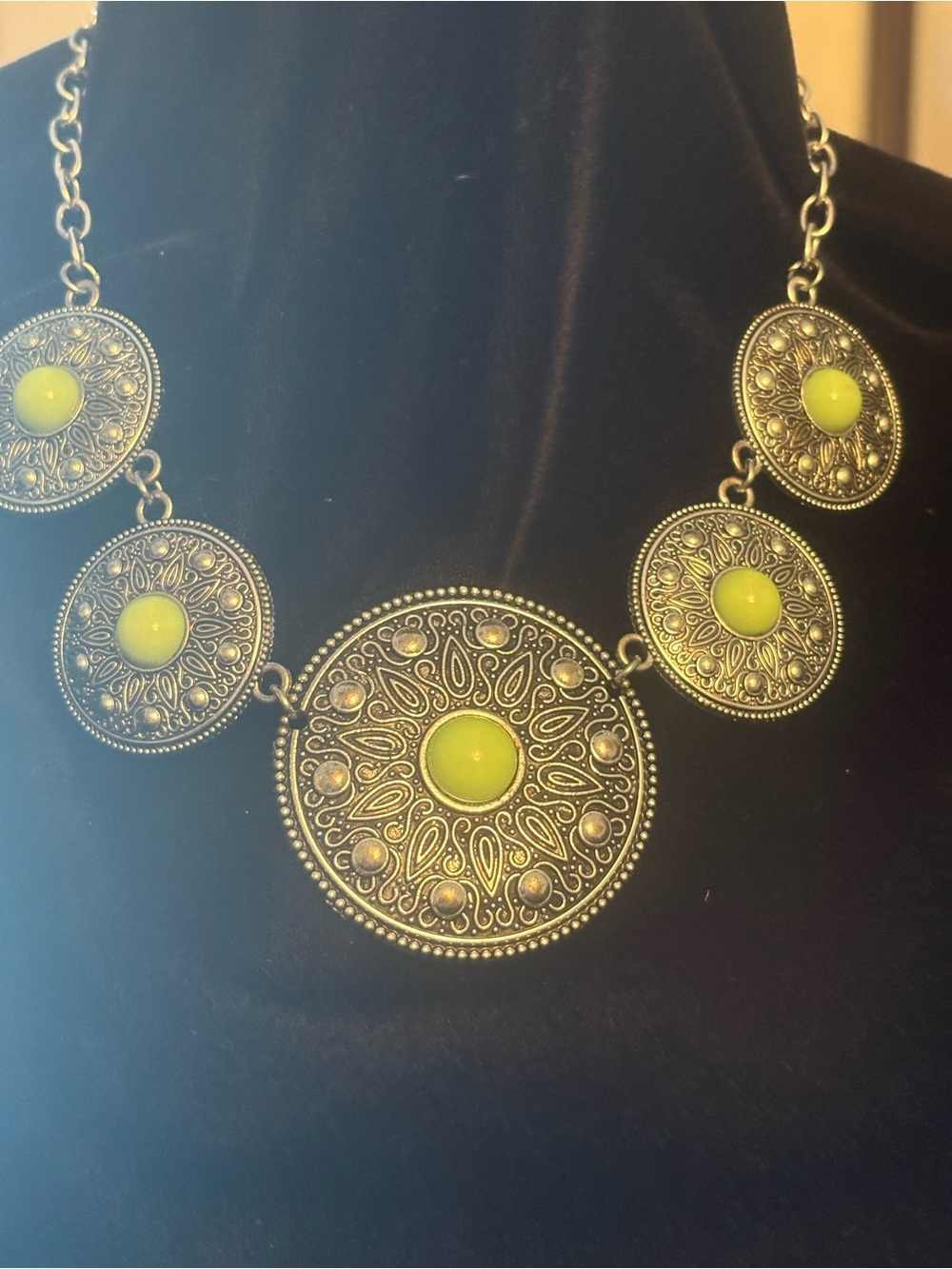 Boho Silver-Tone Necklace with Lime Green Stone Accents